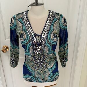 INC International Concepts Teal & Navy Paisley Mirror-Embellished V-Neck Blouse